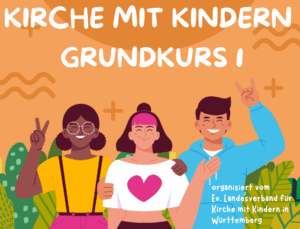Schriftzug Kirche mit Kindern Grundkurs I, darunter Grafik von drei Jugendlichen
