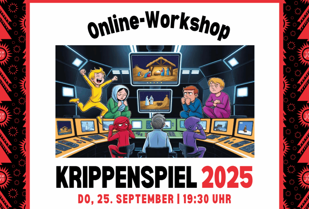 Grafik mit Kindern in einer Schaltzentrale und dem Text Online-Workshop Krippenspiel 2025 Do, 25. September 2025